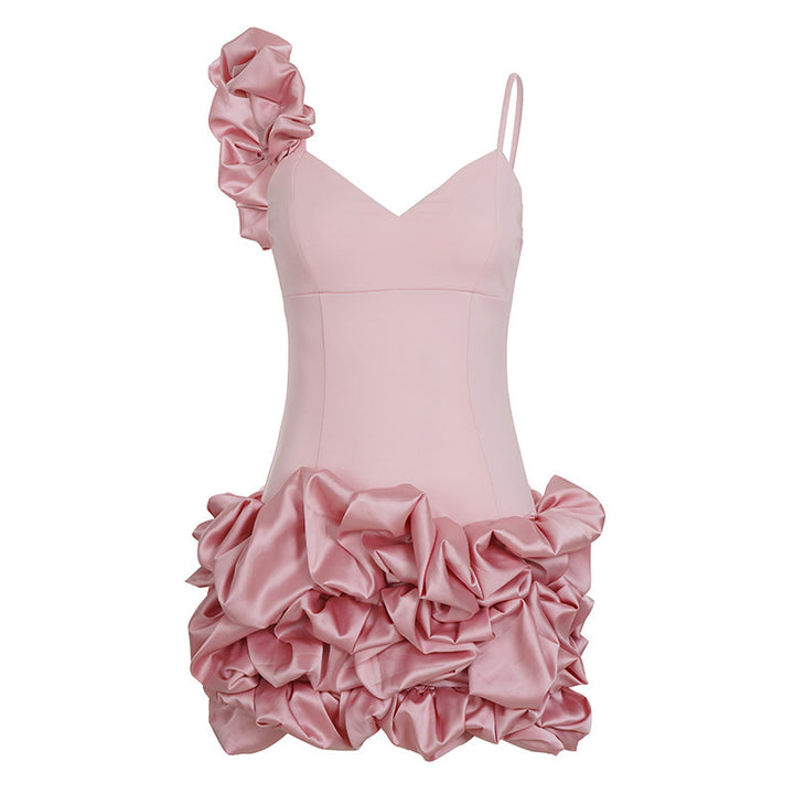Damen Minikleid mit voluminösen Rüschendetails und einseitigen Träger Drune