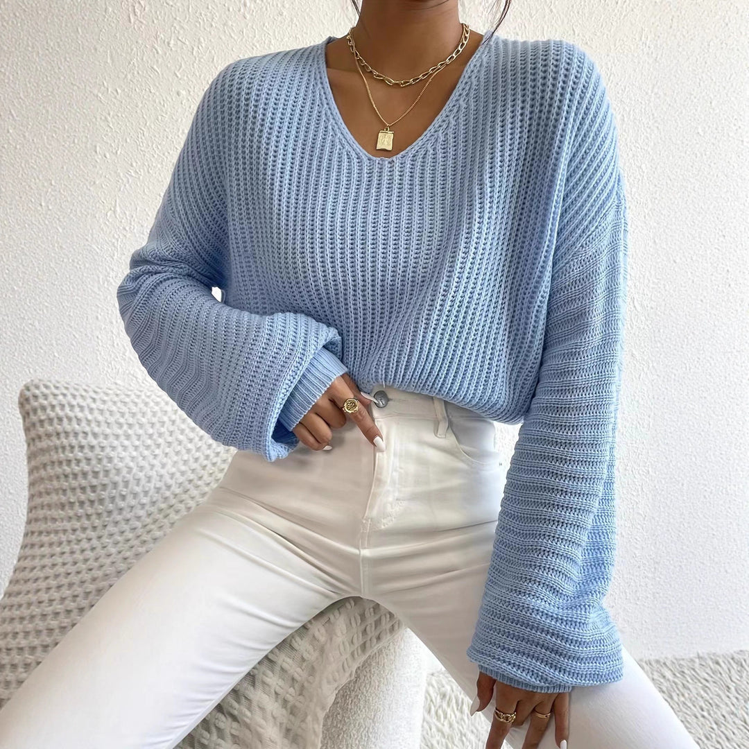 Damen Grobstrickpullover mit tiefem V-Ausschnitt und lässigen Ärmeln Drune