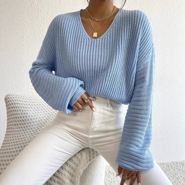Damen Grobstrickpullover mit tiefem V-Ausschnitt und lässigen Ärmeln Drune