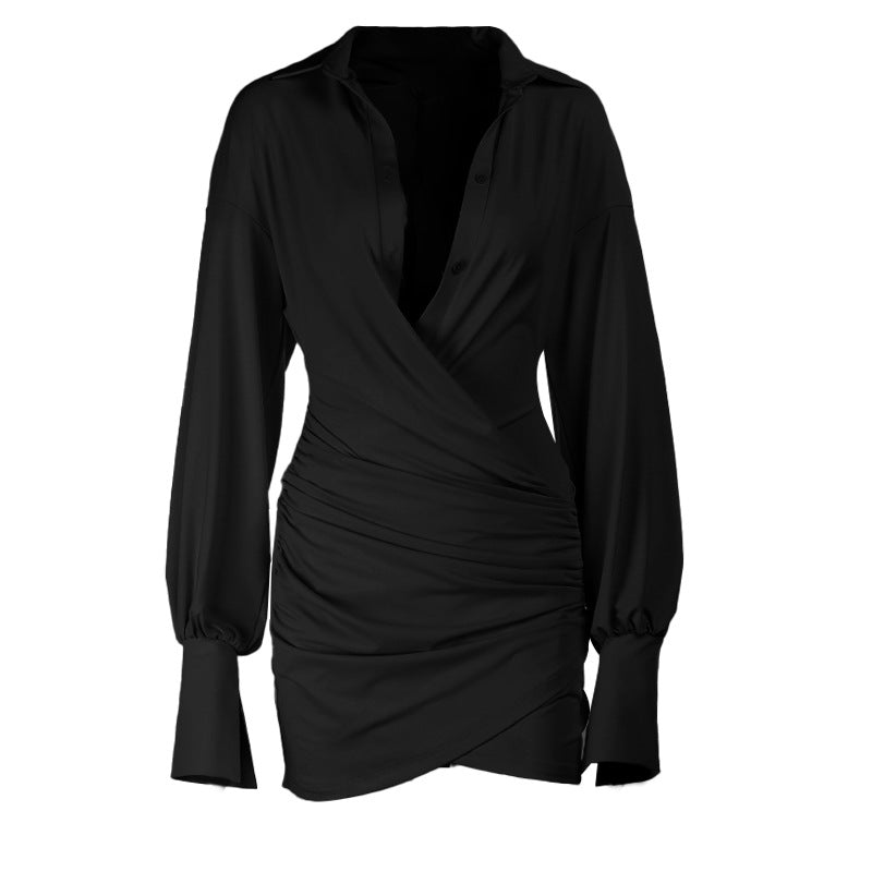 Damen schickes Wickelkleid mit tiefem V-Ausschnitt und langen Ärmeln Drune