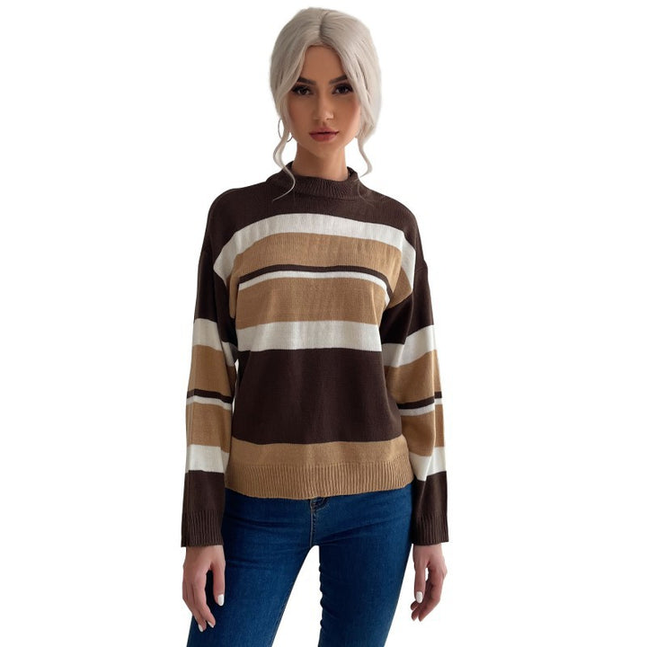 Damen modischer Strickpullover mit farbigem Streifenmuster und hohem Kragen Drune