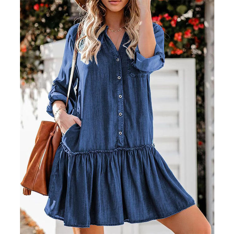 Damen nan locker fallendes Jeans-Hemdkleid mit Volantstufe und aufgesetzten Taschen Drune