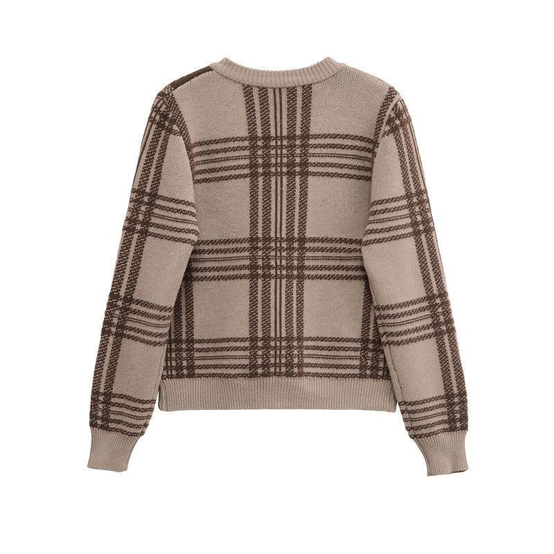 Damen Karierte Strickjacke mit Knopfverschluss und gerafften Ärmeln Drune