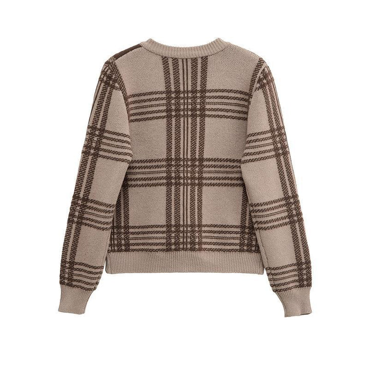 Damen Karierte Strickjacke mit Knopfverschluss und gerafften Ärmeln Drune