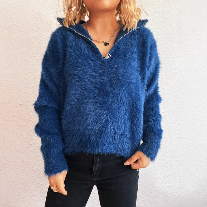 Damen kuscheliger Pullover mit hohem Kragen und Reißverschluss Drune