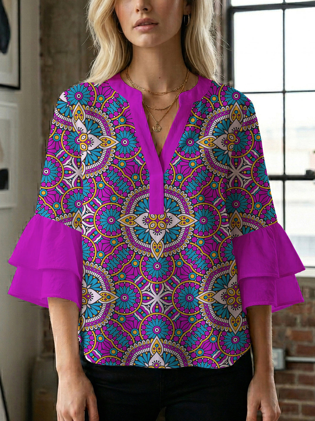 Damen elegantes Oberteil mit voluminösen Rüschensäumen und floralem Design Drune