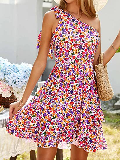 Damen Einseitiges bodenlanges Kleid mit floralen Akzenten Drune