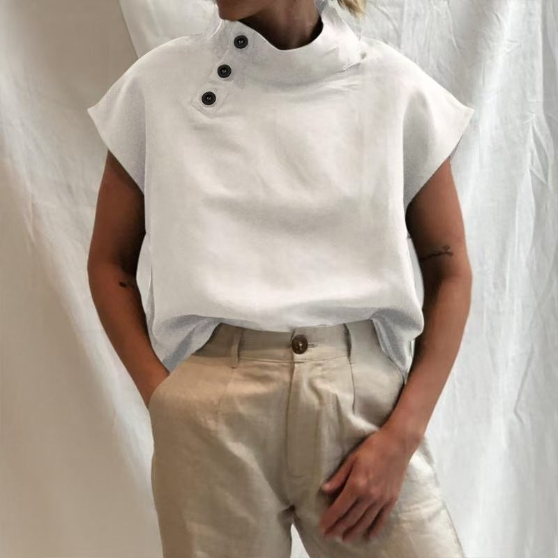 Damen moderne Bluse mit Stehkragen und eleganten Knopfdetails Drune