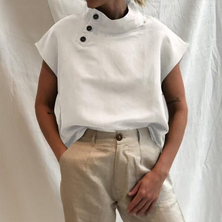 Damen moderne Bluse mit Stehkragen und eleganten Knopfdetails Drune