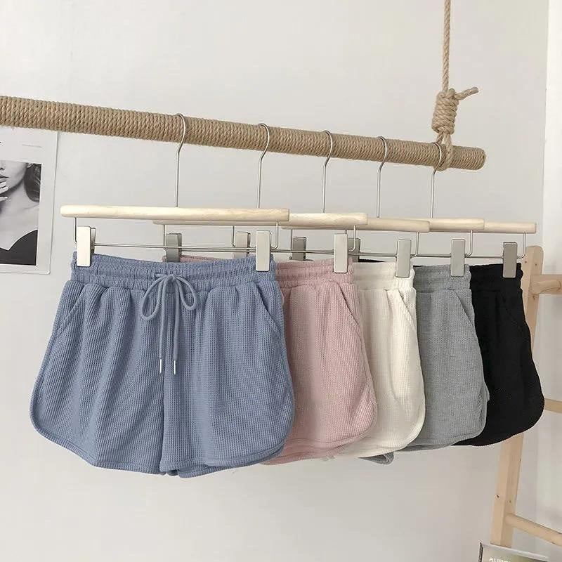 Damen lässige Waffelstruktur-Shorts mit verstellbarem Kordelzug und elastischem Bund
