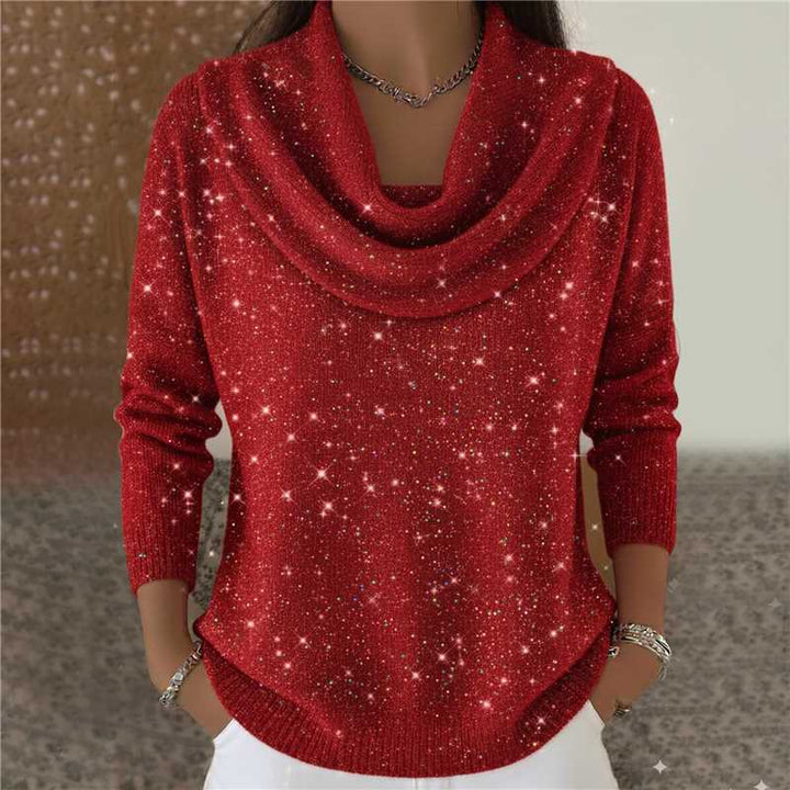 Damen nan schimmernder Strickpullover mit Wasserfallkragen, feiner Glitzerstruktur und schmalem Saum Drune