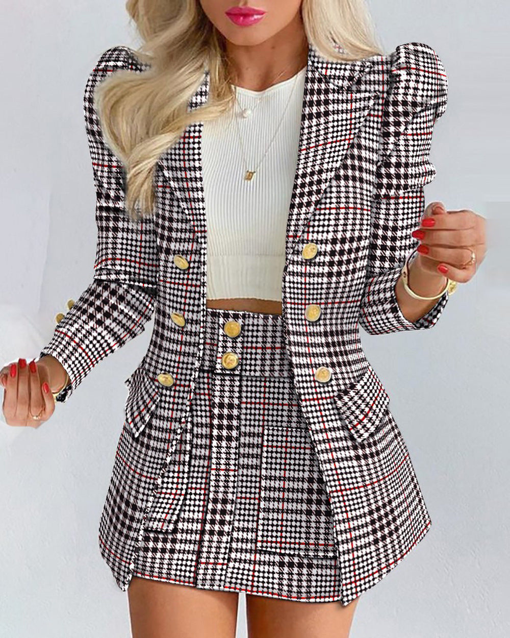 Damen nan tailliertes Zweiteiler-Businesskostüm mit doppelreihigem Blazer und figurbetontem Minirock Drune