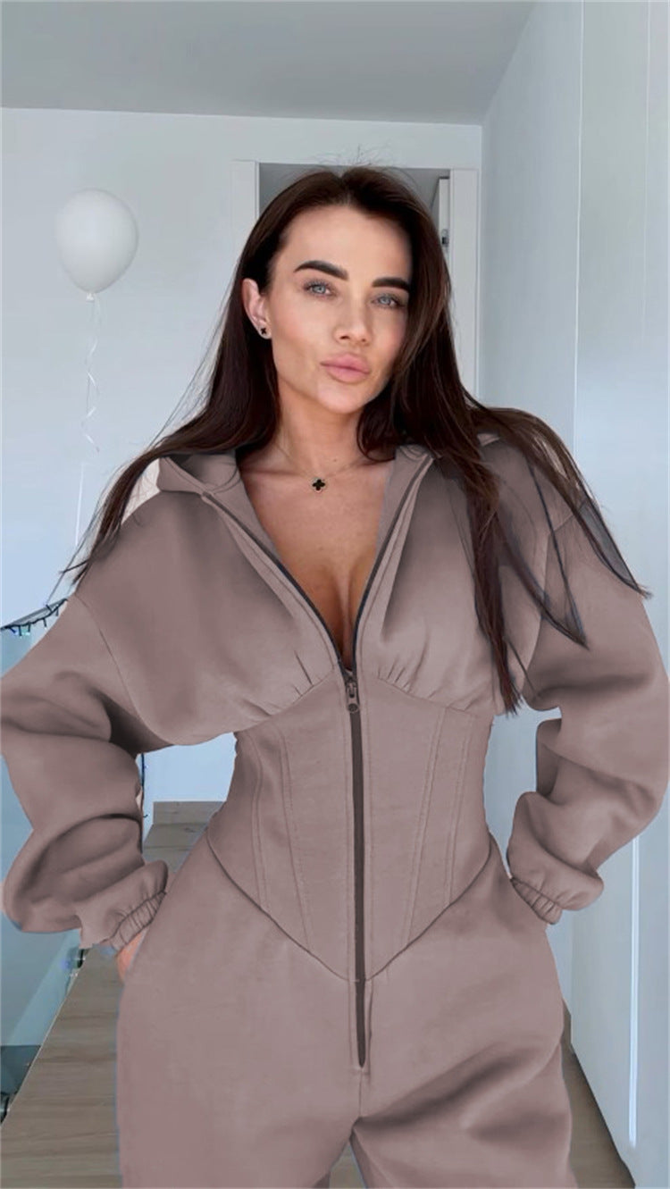 Damen Sportlicher Fleece-Jumpsuit mit hohem Kragen und trendiger Silhouette Drune