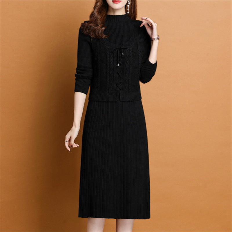 Damen elegantes Strickkleid mit hochgeschlossenem Kragen und dekorativem Zopfdesign Drune