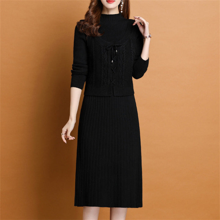 Damen elegantes Strickkleid mit hochgeschlossenem Kragen und dekorativem Zopfdesign Drune