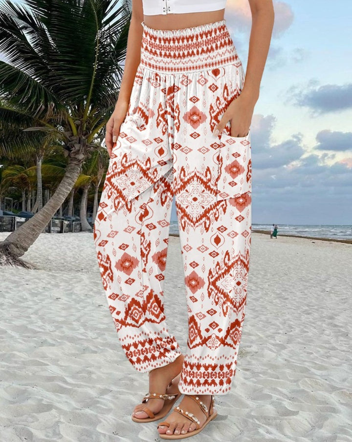 Damen weite Palazzo-Hose mit buntem Paisleymuster und elastischem Bund Drune
