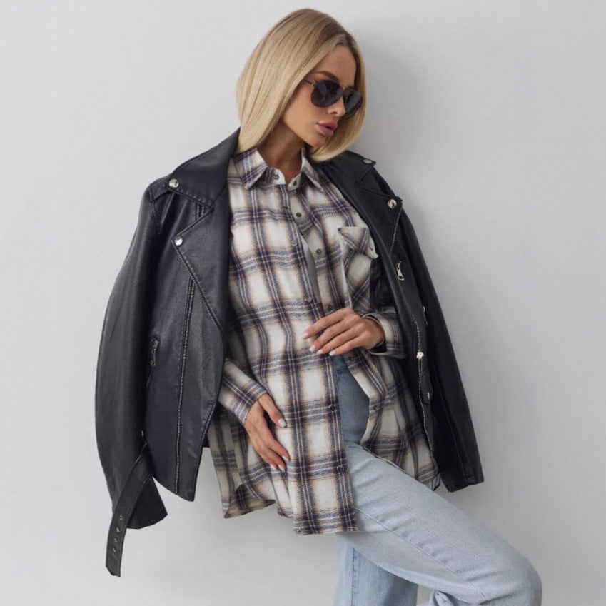Damen oversized Karohemd mit Brusttasche und knöpfbarem Design Drune
