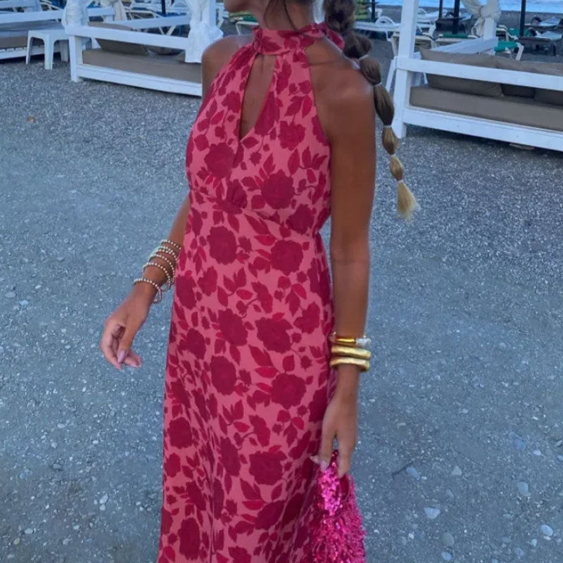 Damen Maxikleid mit schickem Schlüssel-Ausschnitt und floralem Design Drune