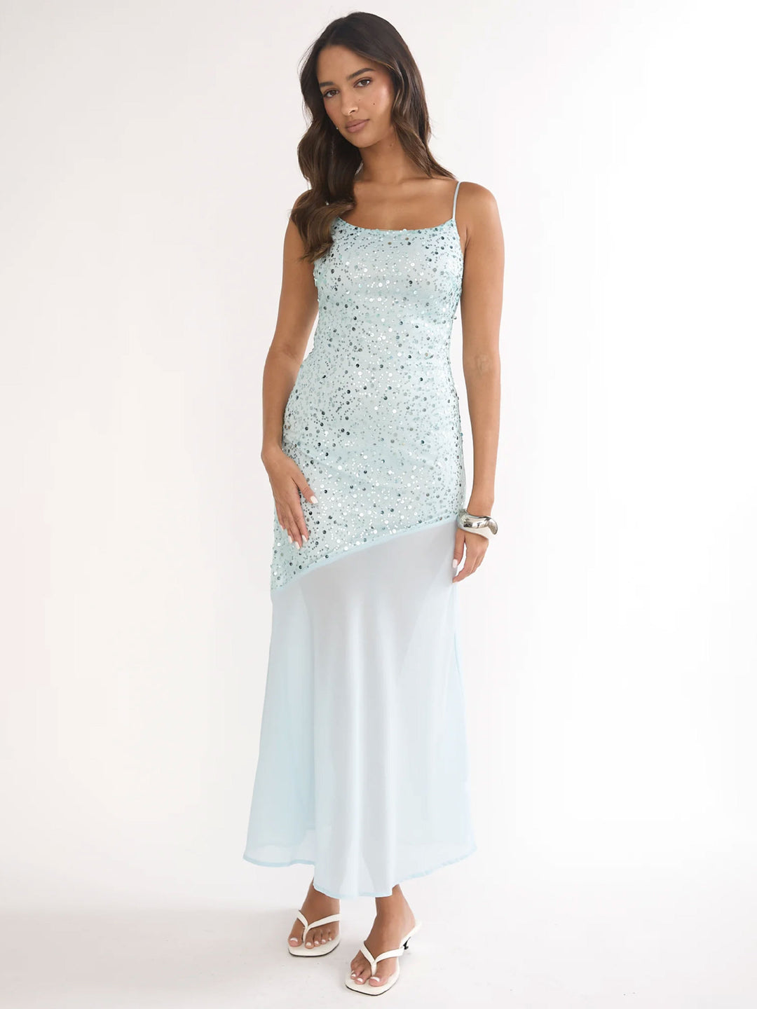 Damen Glitzerndes Maxikleid mit transparentem Obermaterial und asymmetrischem Saum Drune