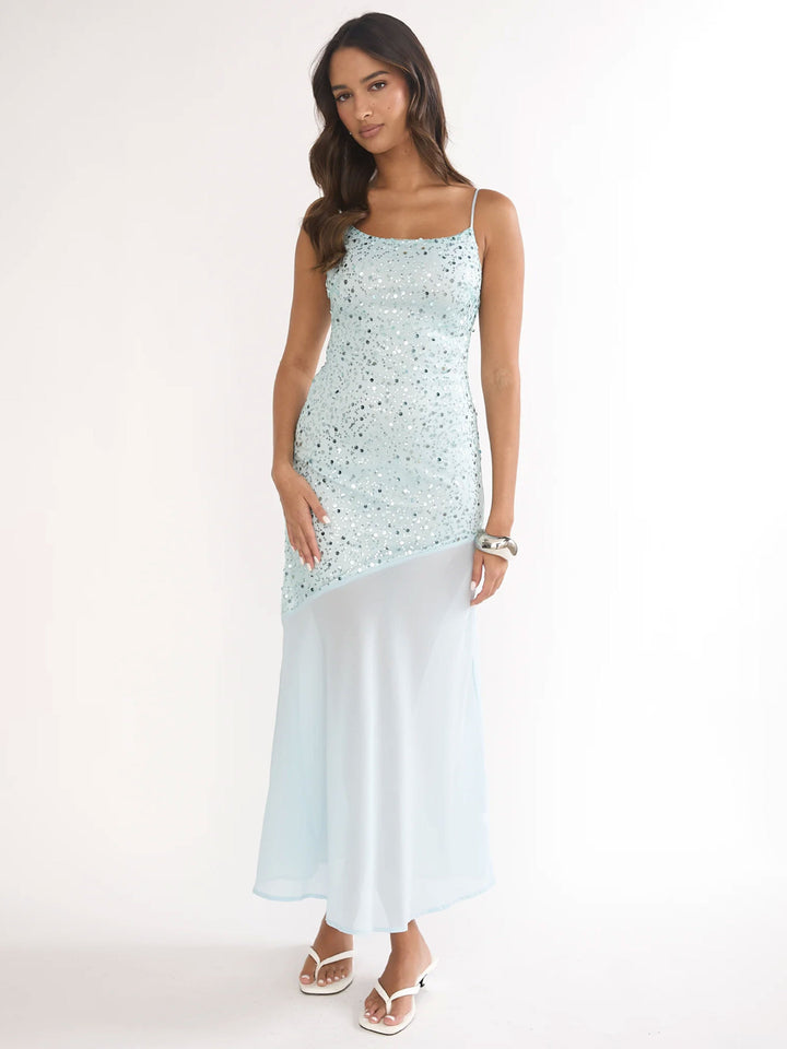 Damen Glitzerndes Maxikleid mit transparentem Obermaterial und asymmetrischem Saum Drune