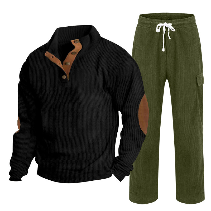 Herren nan Strick-Freizeitset mit Knopfleiste und Ellenbogenaufnähern sowie Cord-Cargohose Drune