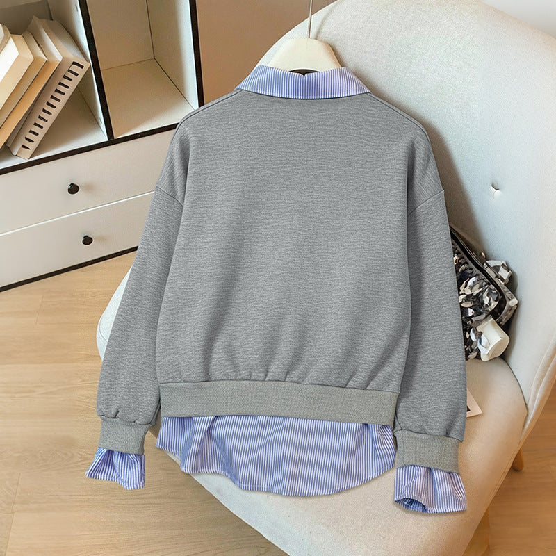 Damen elegantes Sweatshirt mit integriertem Hemdblusen-Design Drune