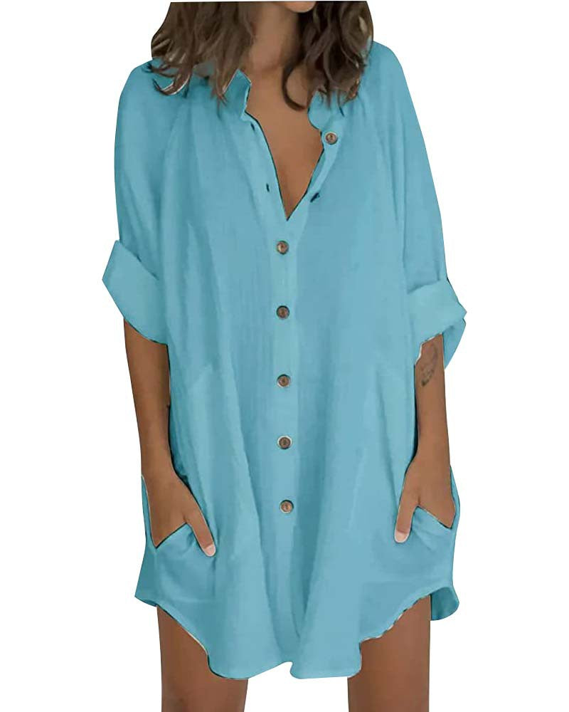 Damen lässiges Hemdblusenkleid mit Knopfleiste und praktischen Taschen Drune