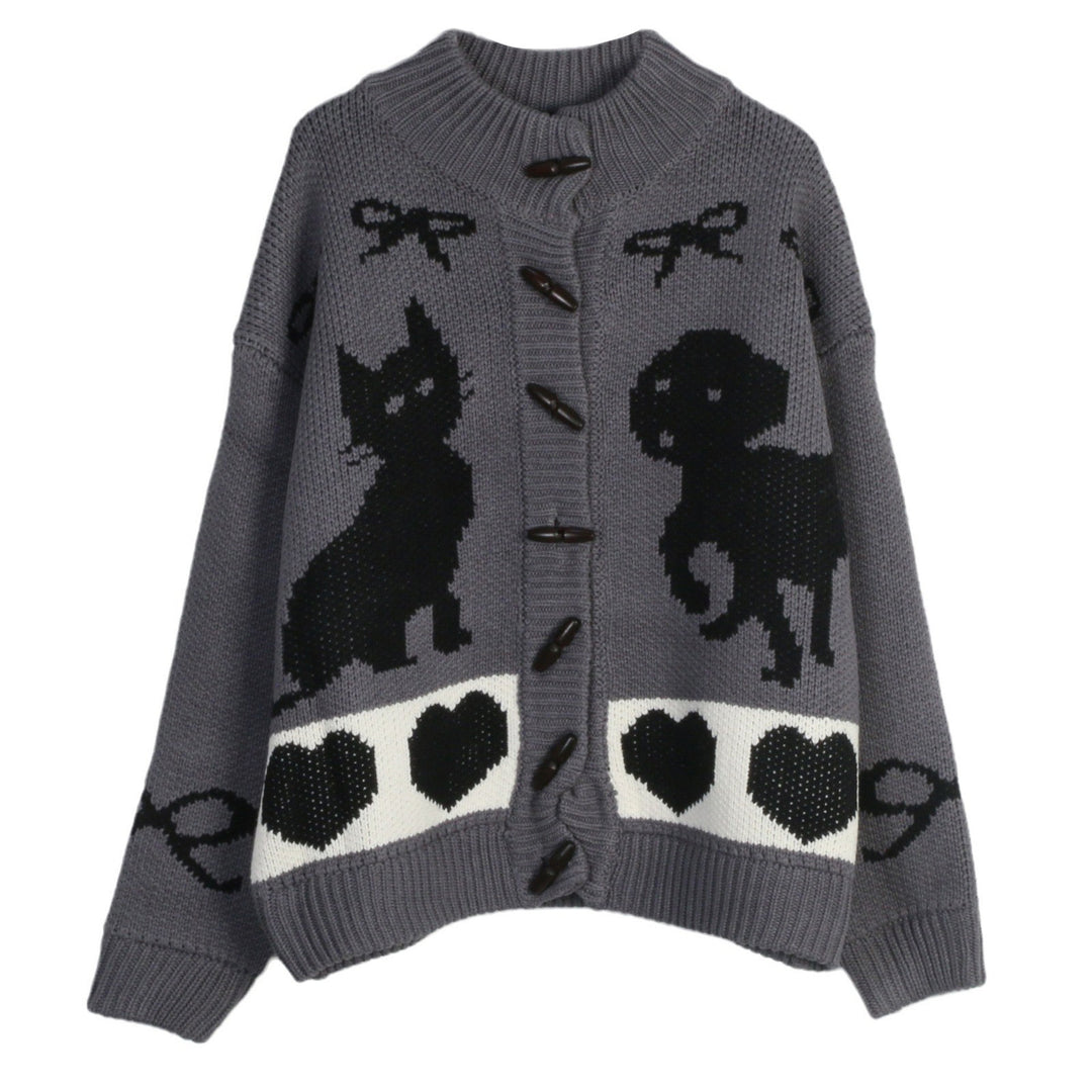 Damen Strickjacke mit verspielten Tiermotiven und Knopfdetaillierung Drune