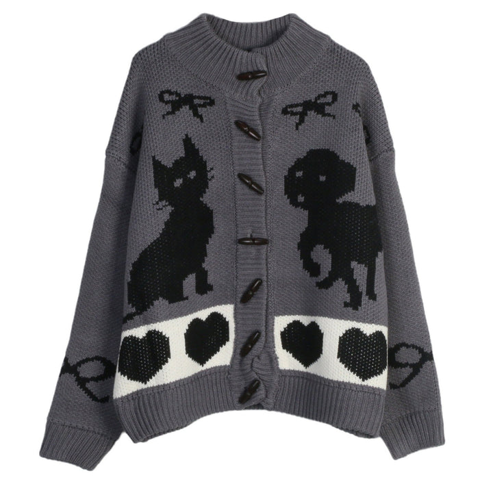 Damen Strickjacke mit verspielten Tiermotiven und Knopfdetaillierung Drune