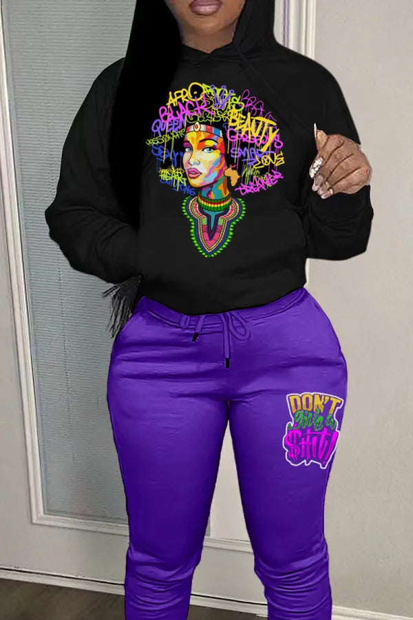 Damen Stadium Hoodie und Jogginghose Set mit buntem Grafiken Drune