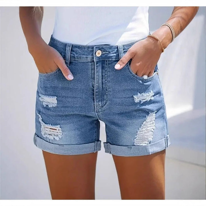 Damen kurze Destroyed Denim-Shorts im lässigen Look mit umgeschlagenen Säumen und stylischen Rissdetails Drune