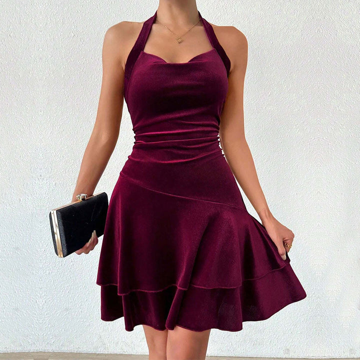 Damen figurbetontes Abendkleid mit rüschendem Rock und Neckholder-Design Drune