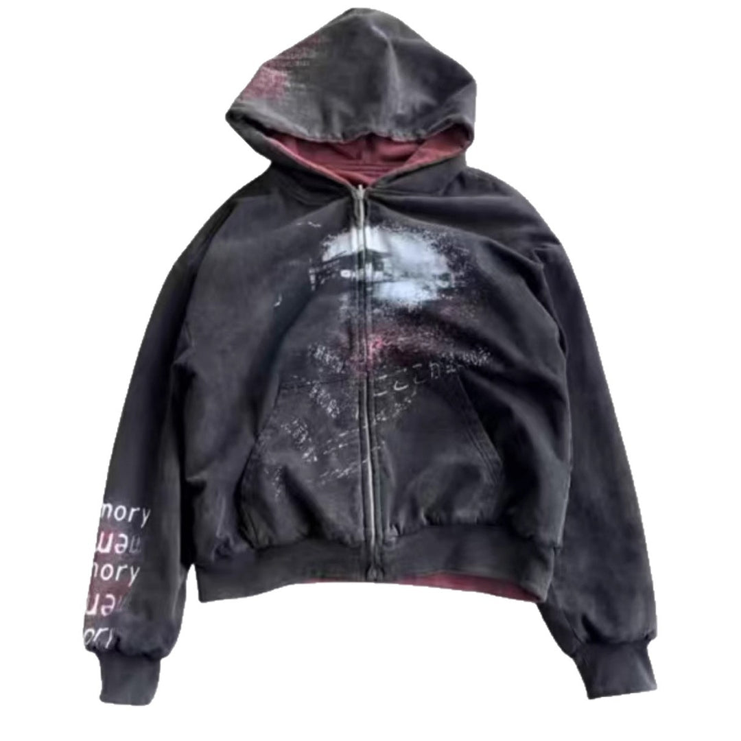Unisex nan Kapuzenjacke mit durchgehendem Reißverschluss, Used‑Effekt, doppellagiger Kapuze und Ärmeldruck Drune
