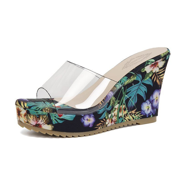 Damen nan PVC-Riemen Keilpantoletten mit floral bedruckter Keilsohle und ergonomischem Komfortfußbett Drune