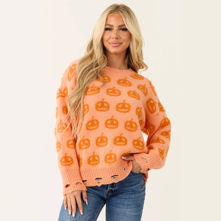 Damen Hochwertiger Strickpullover mit herbstlichem Kürbis-Motiv und elastischem Saum Drune