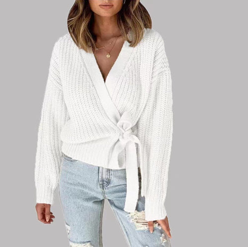 Damen Coole Wickelstrickjacke mit modernen Rüschendetails Drune