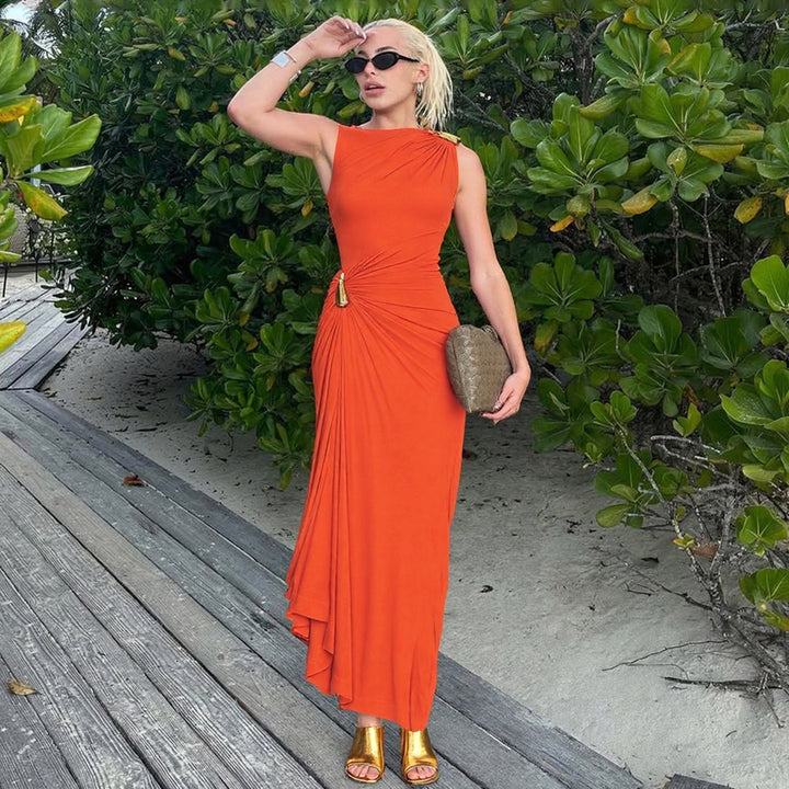 Damen figurbetontes Maxikleid mit asymmetrischem Schnitt und elegantem Raffungselement Drune