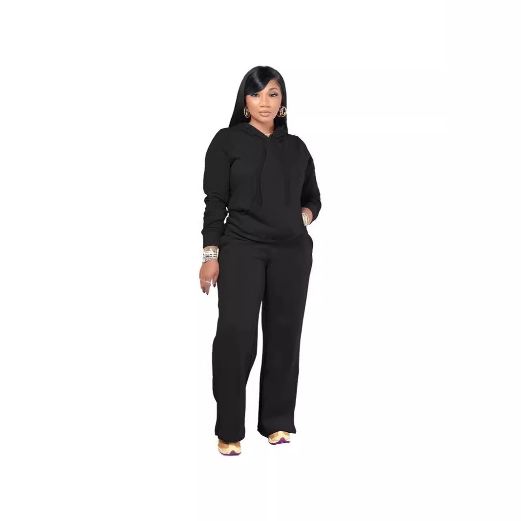 Damen nan Relax-Loungewear-Set mit weitem Highwaist-Palazzo-Jogger, Kapuzenpullover mit Kängurutasche und seitlichem Saumschlitz Drune