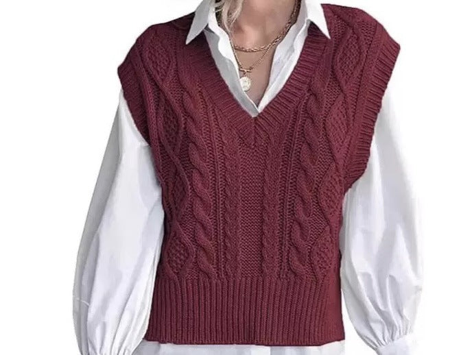 Damen Strickpullover im Vintage-Look mit V-Ausschnitt und Zopfmuster Drune