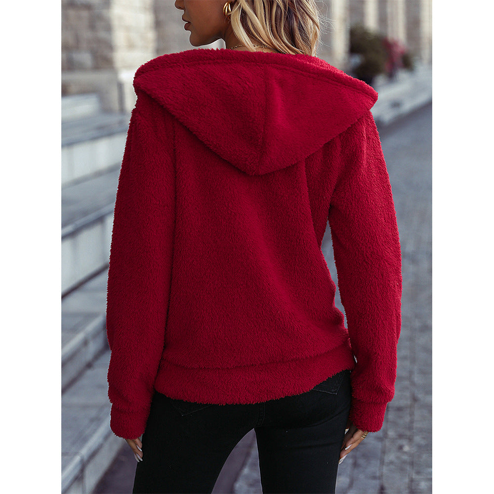 Damen kuschelige Weihnachtsjacke mit Kapuze und festlichem Druck Drune