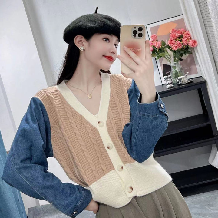 Damen Modischer Strickcardigan mit Denim-Ärmeln Drune