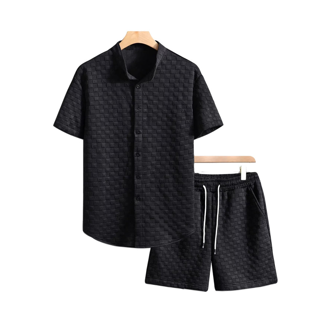 Herren nan zweiteiliges Sommerensemble mit Stehkragen-Hemdjacke und elastischen Komfort-Shorts in geprägter Karo-Textur Drune
