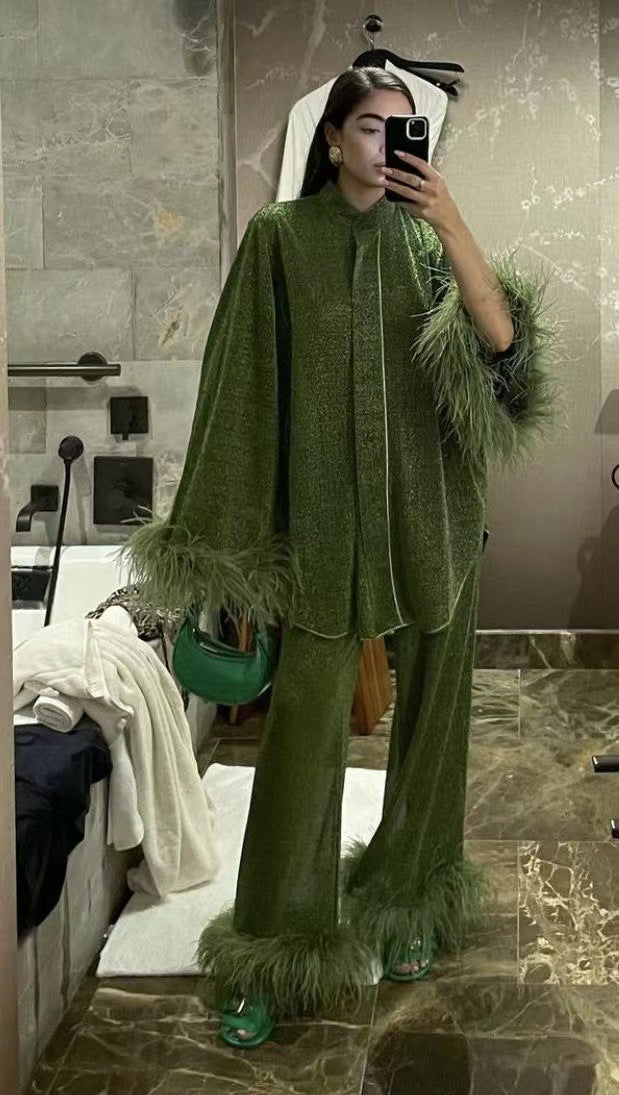 Drune | Herbst Winter Feder Stehkragen Langarmoberteil und Hosen Set