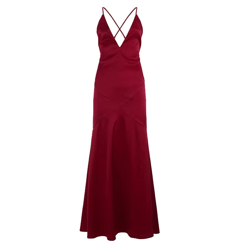 Damen Maxikleid mit tiefem V-Ausschnitt und gekreuzten Spaghettiträgern Drune