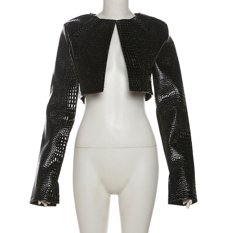 Damen Cropped Kunstlederjacke im modischen Schlangenleder-Look Drune