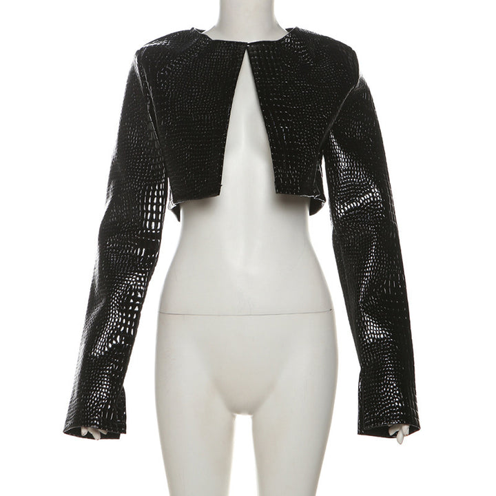 Damen Cropped Kunstlederjacke im modischen Schlangenleder-Look Drune