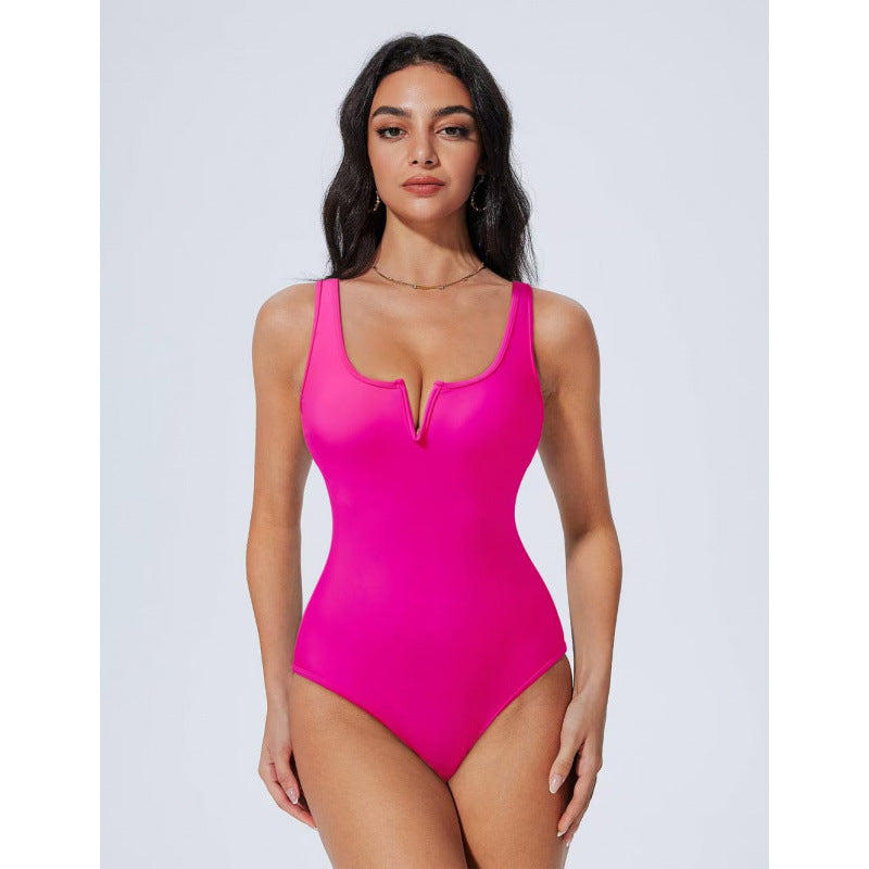 Damen Einteiliger Badeanzug mit tiefem V-Ausschnitt und kontrastierenden Details Drune
