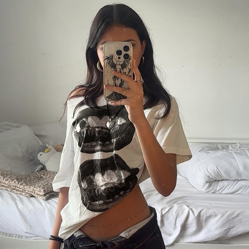 Damen lässiges T-Shirt mit glänzendem Kreuzdesign und großzügigem Ausschnitt Drune