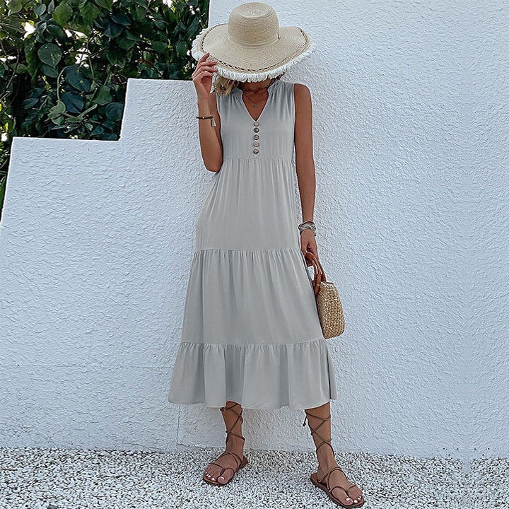 Damen luftiges Maxikleid mit Knopfdetails und Rüschensaum Drune