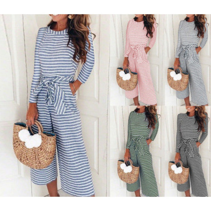 Damen Jumpsuit mit lässigem Bindegürtel und gestreiftem Muster Drune